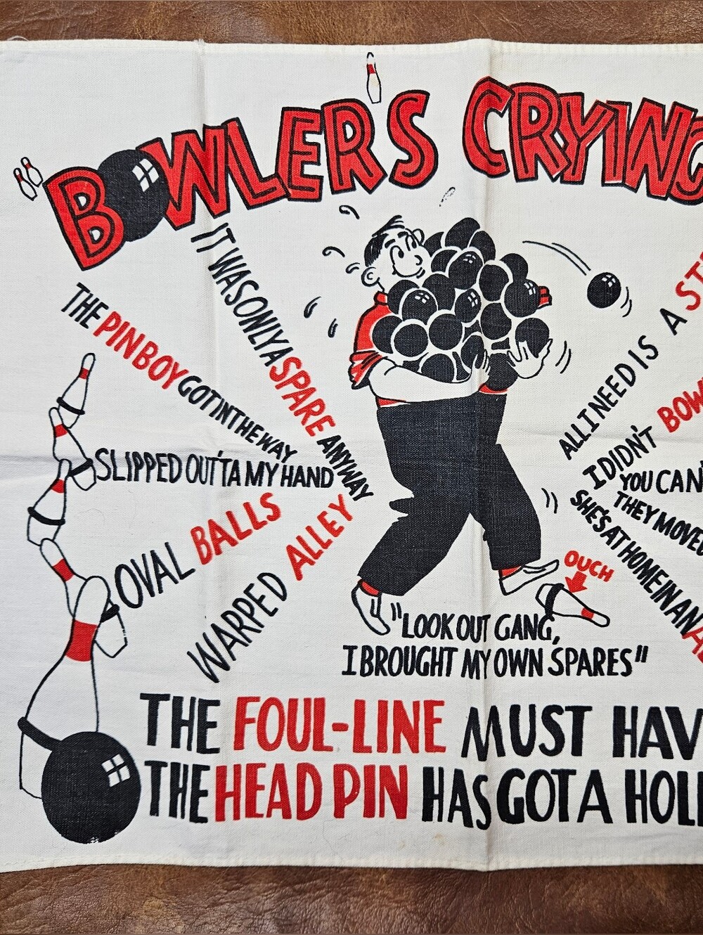 Bowler's Crying Vintage Linen Bowling Graphic Tea Towel - Red, Black, White